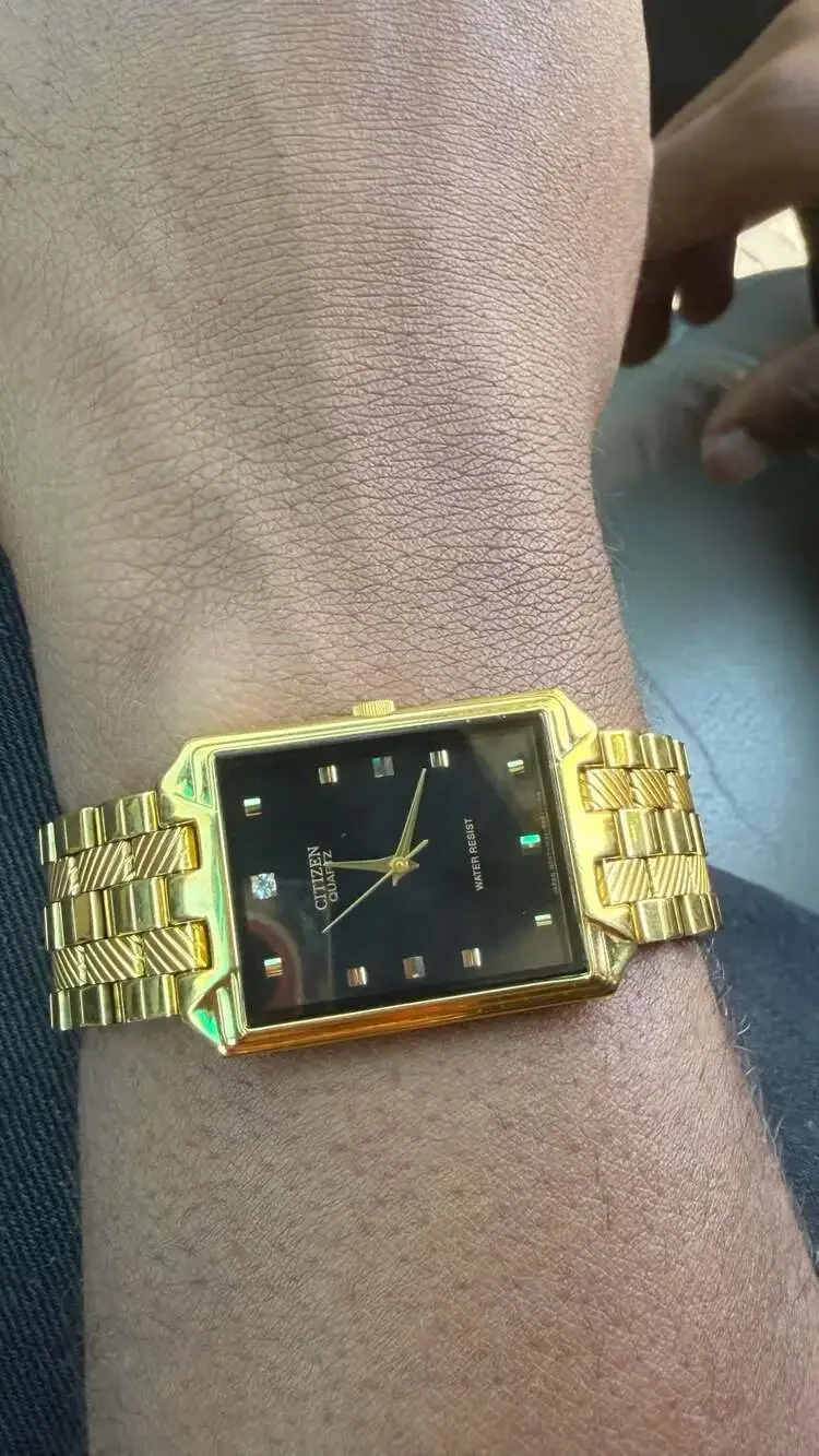 Citizen Quartz Gold-Tone Rectangular Black Dial Diamond Marker Watch 1032-R36221